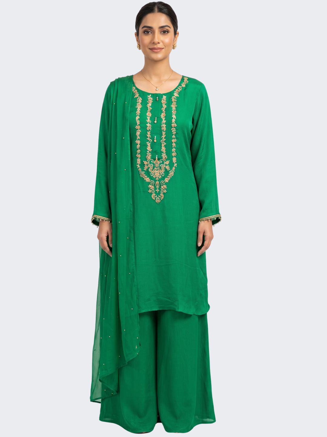 Rama Green Chinon Shirt, Palazzo And Dupatta with Sequins and Dabka Embroidery 2